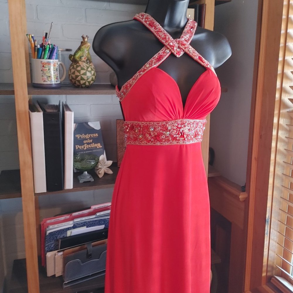 Red Prom/Formal Dress with Interlocking Neckline and Deep V - Picture 2 of 12